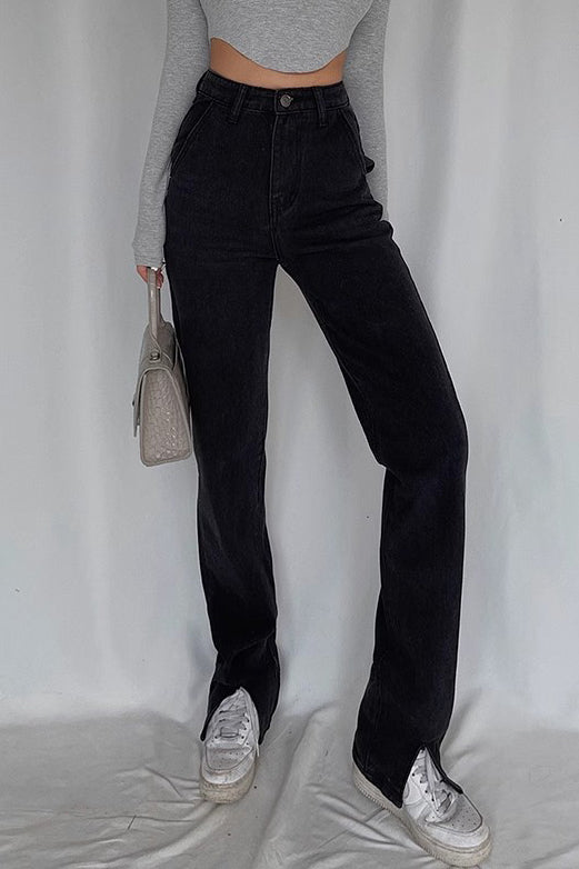 Nature High Waist Buckle Detail Straight Leg Jeans