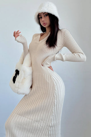 V-Neck Long Sleeve Knit Sweater Dress