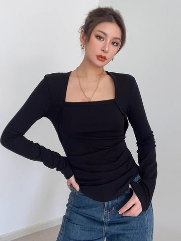 Long Sleeve Scoop Neck Tops Fitted Cut Out T-Shirt