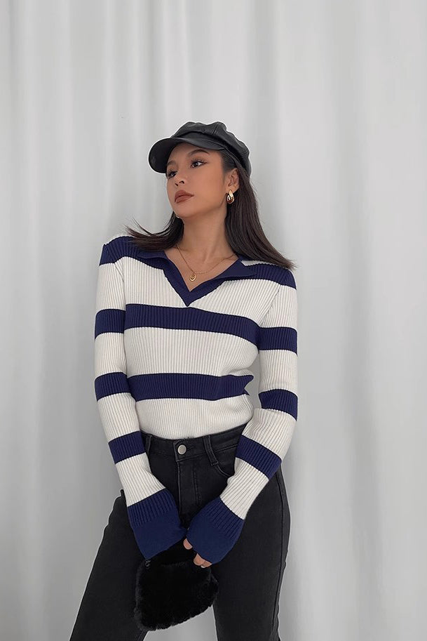 Striped Printed Ribbed Long Sleeve Sweater Sweatshirt