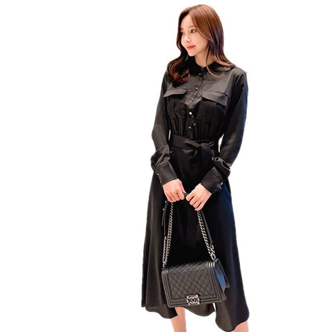 A Line Turn Down Collar Black Vegan Leather Dress