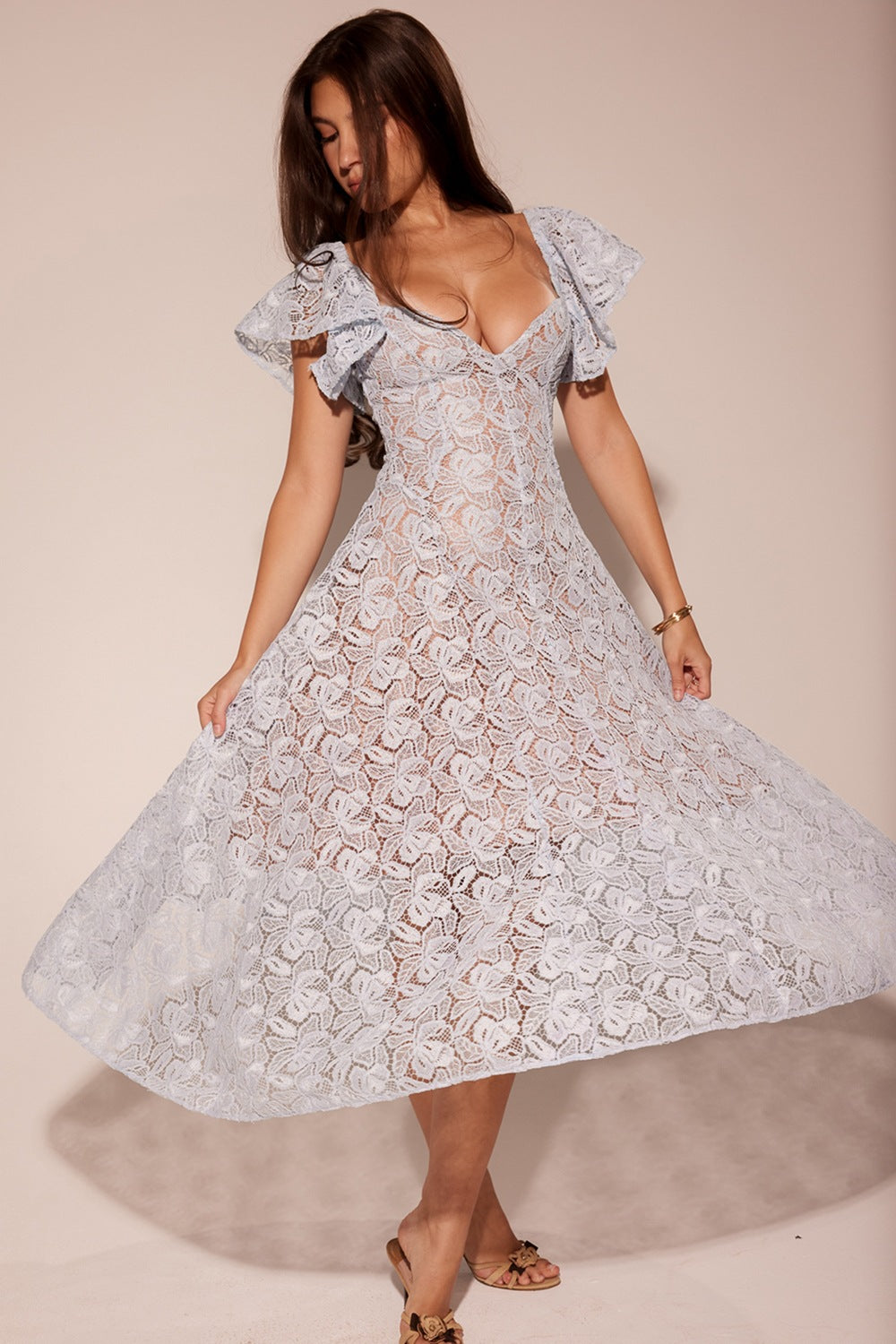 Retro lace high waist slim V-neck dress
