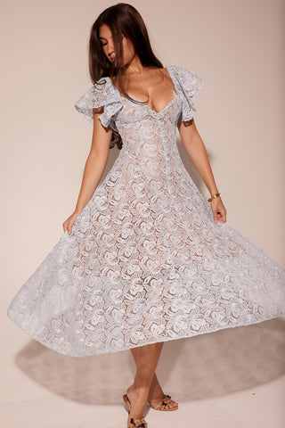 Retro lace high waist slim V-neck dress