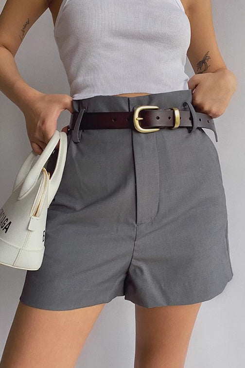 Solid Slant Pocket Workout Belted Shorts