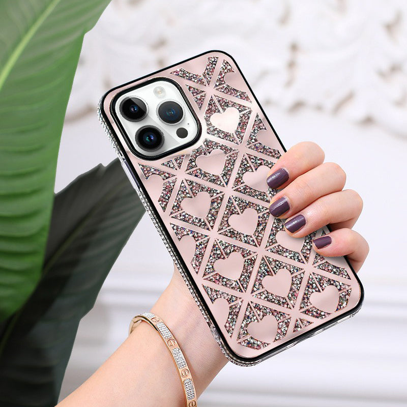 Compatible With Iphone Case Cute Heart Case Glitter Sparkle Love Shaped Cover For Girls Girly Luxury Stylish Heart-Shaped Rhinestone Shockproof Phone Cover
