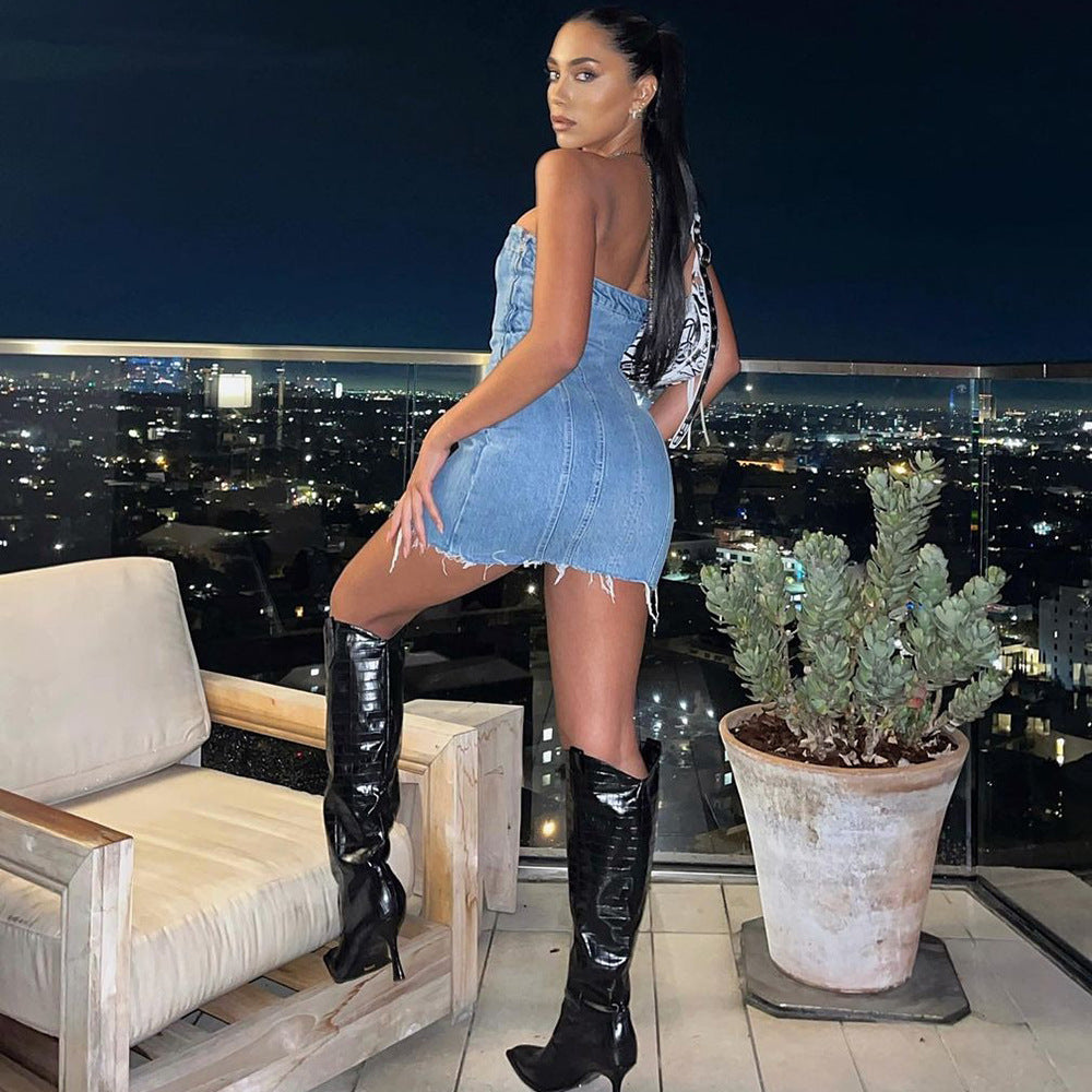 Vintage Distressed Banded Strapless Denim Bodycon Mini Dress - Light B Orro Shop Vintage Distressed Banded Strapless Denim Bodycon Mini Dress - Light B Orro Shop