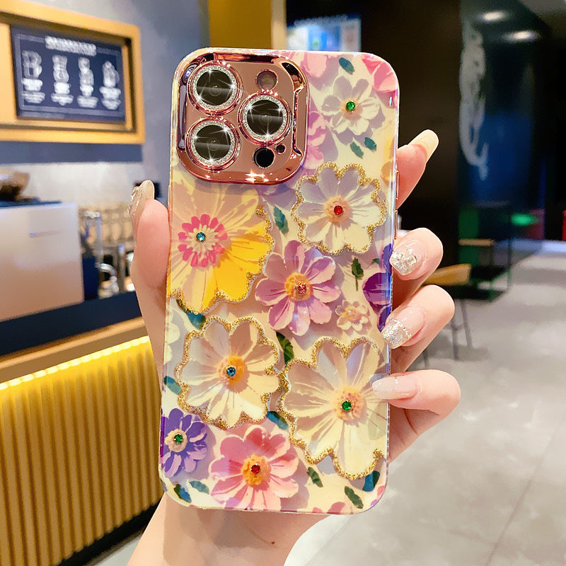 Ein farbenfrohes Ölgemälde, exquisite Handy-iPhone-Schutzhülle, 3D-Retro-Ölgemälde, Blumen-Telefonhülle, Linsenschutzfolie, stoßfeste Schutzhülle für iPhone 11 12 13 14 15