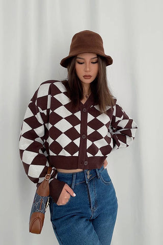 Diamond Pattern Open Front Button Down Outwear Coats