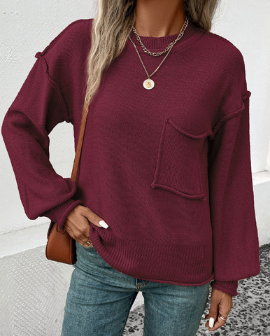 Solide Oberteile mit geteilter Naht und Tasche und Rundhalsausschnitt