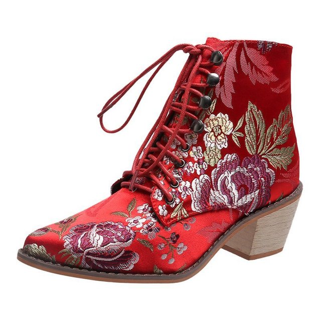 Vintage Mid Heel Floral Embroidery Lace Up Shoes