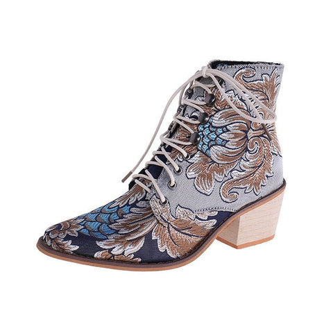 Vintage Mid Heel Floral Embroidery Lace Up Shoes