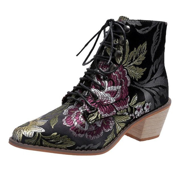 Vintage Mid Heel Floral Embroidery Lace Up Shoes