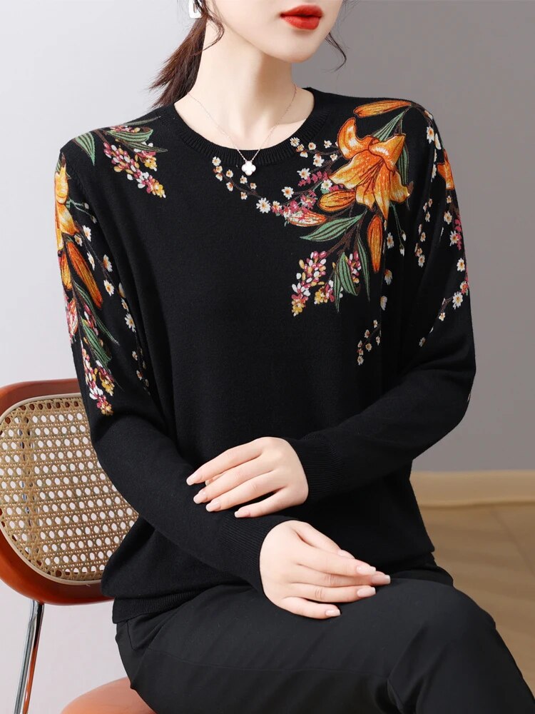 Korean Printed O-Neck Sweater: Spring/Autumn Pullover with Slim Fit