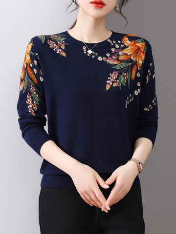 Korean Printed O-Neck Sweater: Spring/Autumn Pullover with Slim Fit