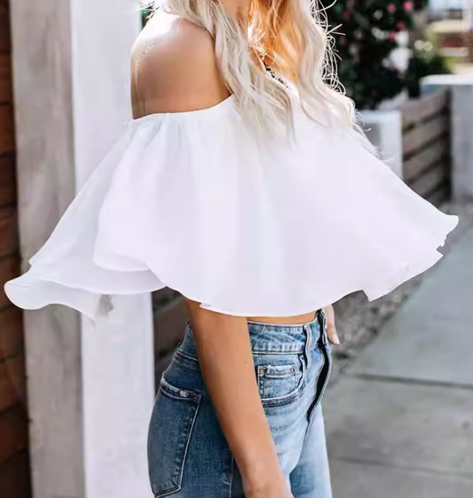 Taine Off The Shoulder Scalloped Crop Top - White