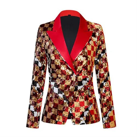 Red Slim-Fit Suit Jacket with Sequin Decoration: Ideal for Weddings, Parties