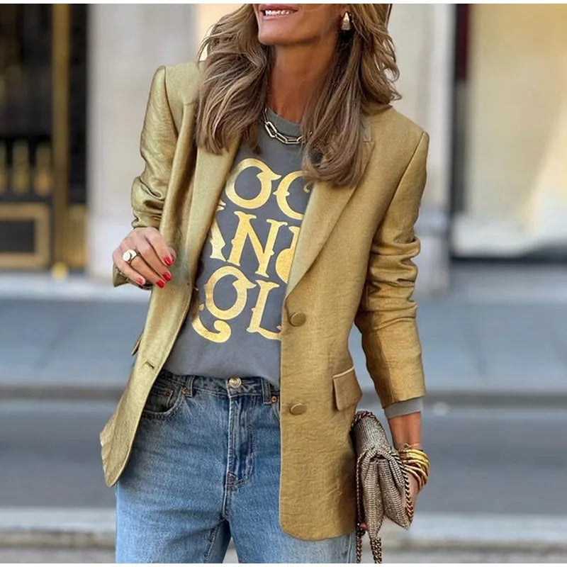 Gold V-Neck Blazer: Stylish Autumn Jacket's 2024 Fashion