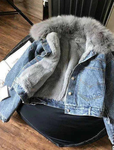 Wool Inside Fur Plush Neck Crop Denim Jackets