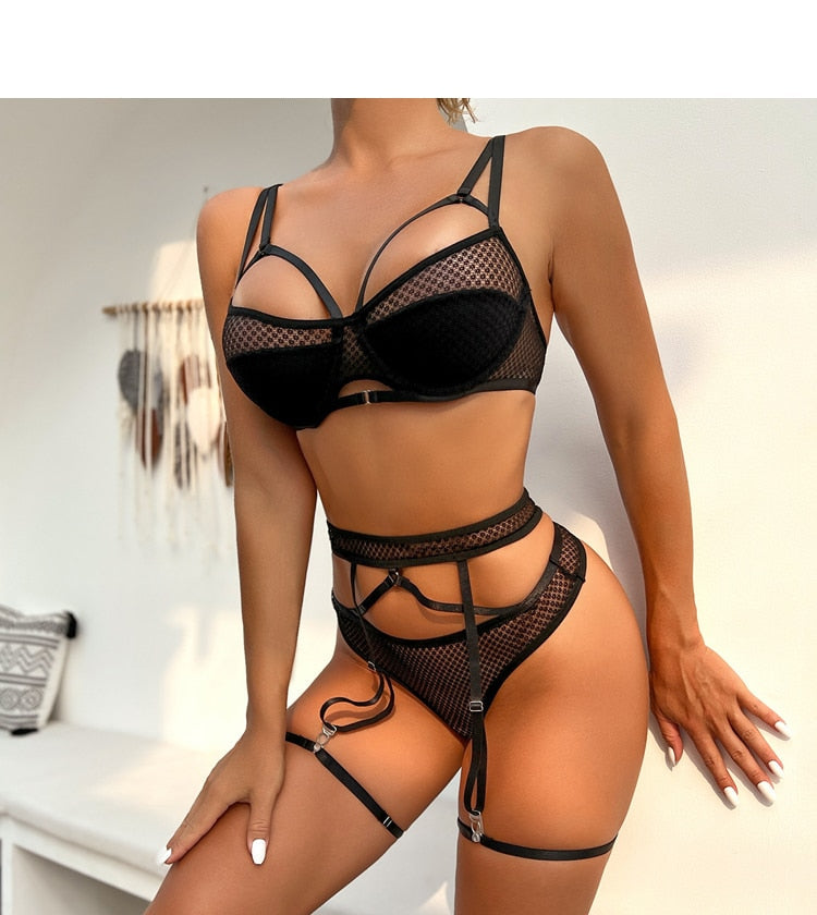 4-teiliges Dessous-Set, intimes Bralette-Höschen, exotisches Strumpfband-Unterwäsche-Set, Damen-String, BH, Höschen, fester Tanga