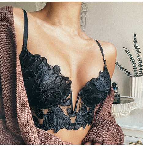 French Lace Bra Push Up Lingerie Embroidery Bralette Underwear Female Thin Deep V Brassiere Transparent Brassiere