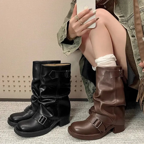 Upper Belted Closure Leather Mid Calf Boots