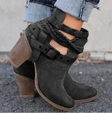 Metal Belt Buckle Thick Heel Winter Ankle Boots