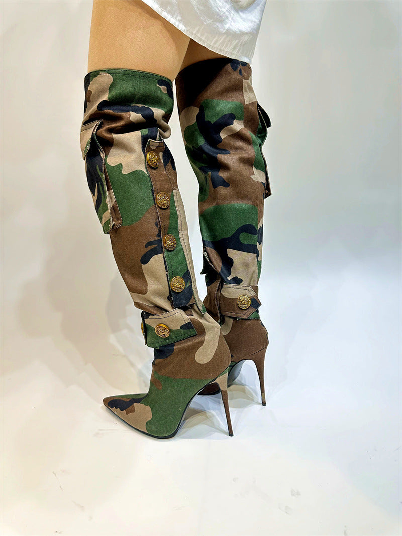 Camouflage Thin High Heel Knee High Boots