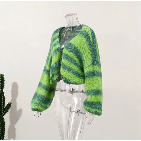 All Green Striped Cool Winter Cardigan Sweaters