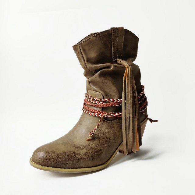 Retro-Ethno-Western-Cowboy-Stil, runde Zehenpartie, Blockabsatz, Quastenstiefel