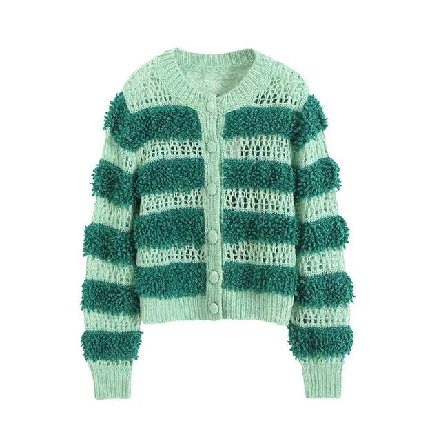 All Green Striped Cool Winter Cardigan Sweaters