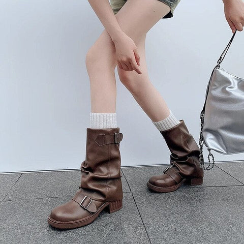 Pleated Buckle PU Leather Mid Calf Boots