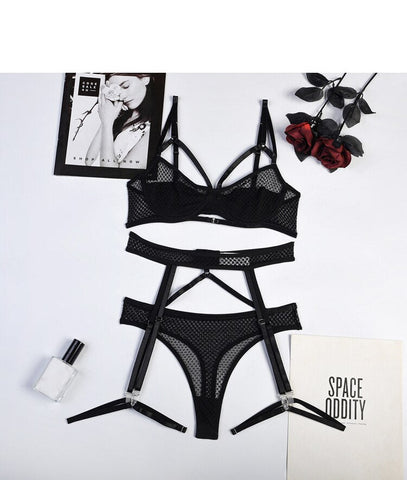 4-teiliges Dessous-Set, intimes Bralette-Höschen, exotisches Strumpfband-Unterwäsche-Set, Damen-String, BH, Höschen, fester Tanga