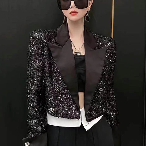 Elegant Sequined Shiny Black Blazer Jacket