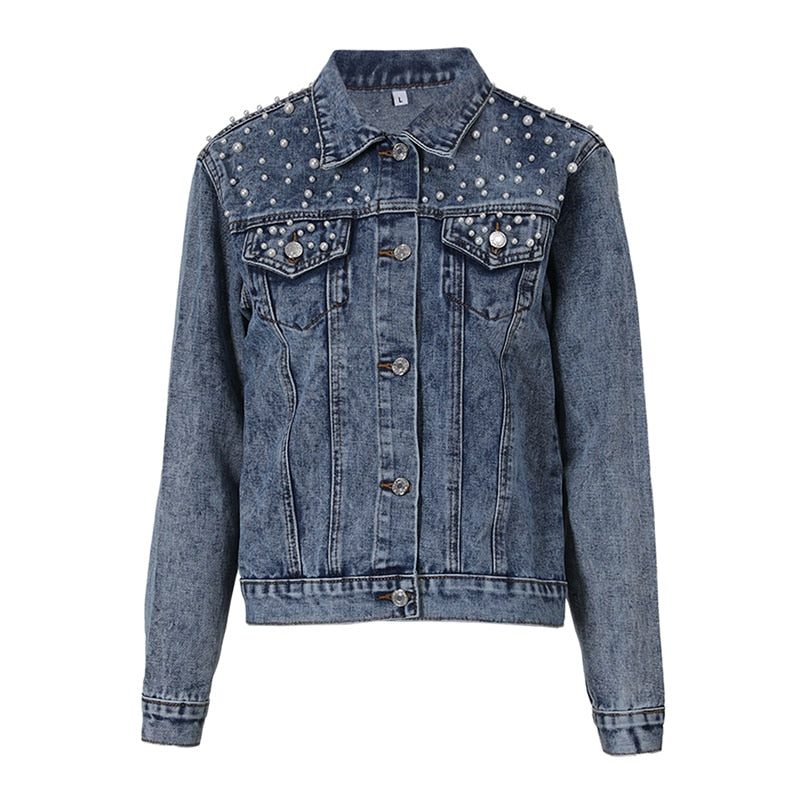 Pearl Beading Design Short Vintage Jean Denim Coats