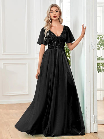 A Line V Neck Long Formal Dress with Sequins