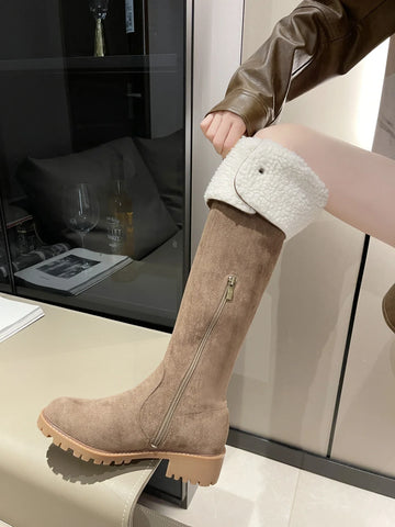 2024 Modern Knee-High Suede Boots: Square Heel, Winter Shoes