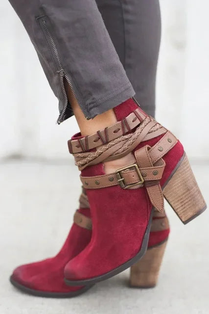 Metal Belt Buckle Thick Heel Winter Ankle Boots