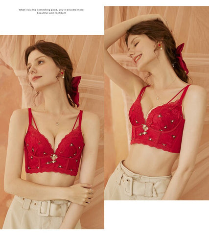 French Wedding Bra Embroidered Lace Underwear New Year Red Push Up Brassiere Lingerie Gather Underwire Bralette