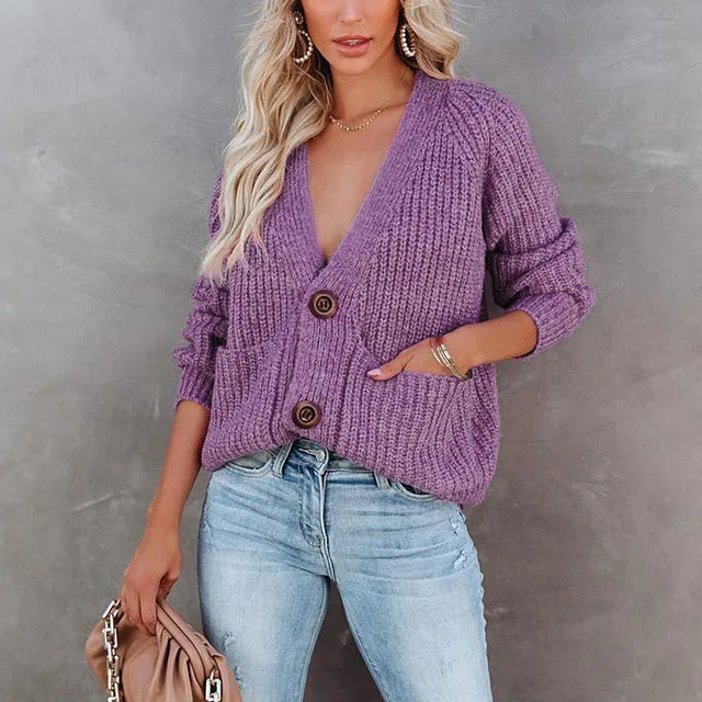 Big Classic Button Deep V-Neck Cardigan