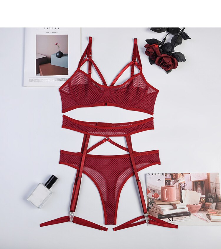 4-teiliges Dessous-Set, intimes Bralette-Höschen, exotisches Strumpfband-Unterwäsche-Set, Damen-String, BH, Höschen, fester Tanga