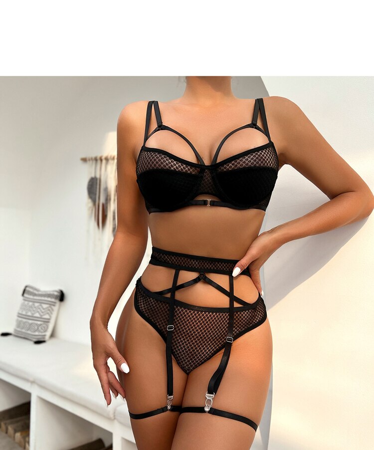 4-teiliges Dessous-Set, intimes Bralette-Höschen, exotisches Strumpfband-Unterwäsche-Set, Damen-String, BH, Höschen, fester Tanga