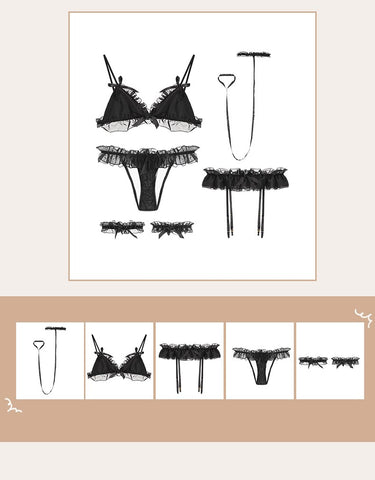 5-teiliges Spitzen-BH-Set, niedrige Taille, Höschen, Unterwäsche, Versuchungs-Tangas, dünner Büstenhalter, fester BH, Strumpfbänder und Höschen, Damen-Dessous