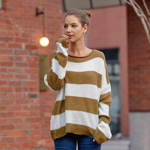 Loose Style Bold Striped O-Neck Sweaters