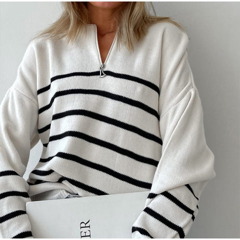 Blue Striped V-Neck Buttoned Autumn Winter Sweater