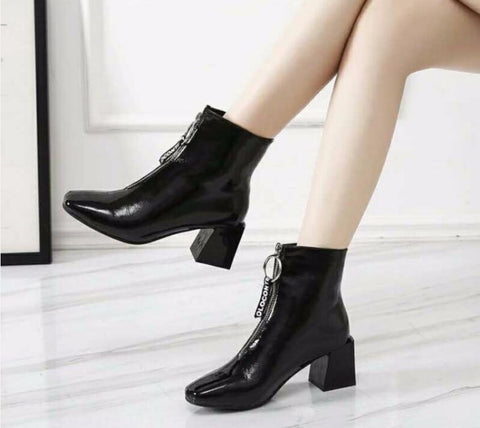 Square Heel Patent Leather Brillant Ankle Boots