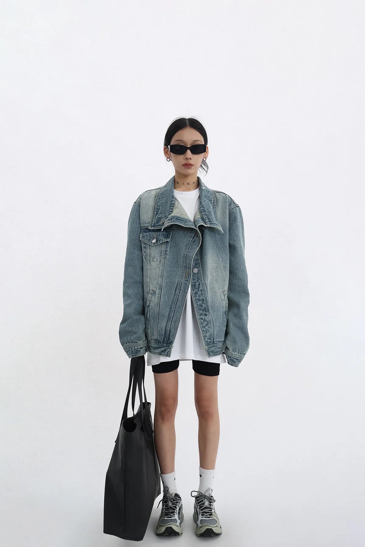 Turtleneck Single-Breasted Elegant Denim Coat