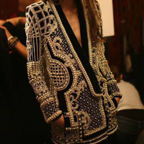 Long Sleeved Bubble Bead V-Neck Blazer Suit Jacket