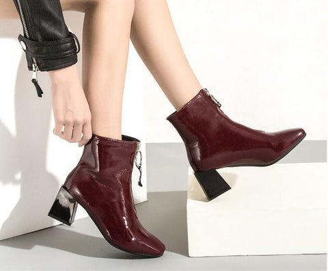 Square Heel Patent Leather Brillant Ankle Boots