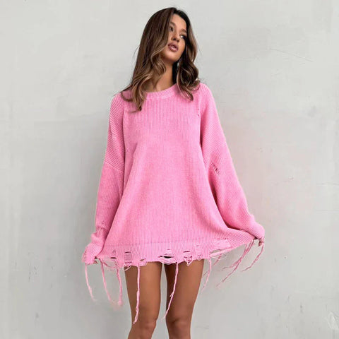 Rosa Pullover mit zerrissener Quaste im Used-Look