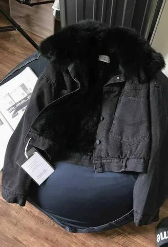 Wool Inside Fur Plush Neck Crop Denim Jackets